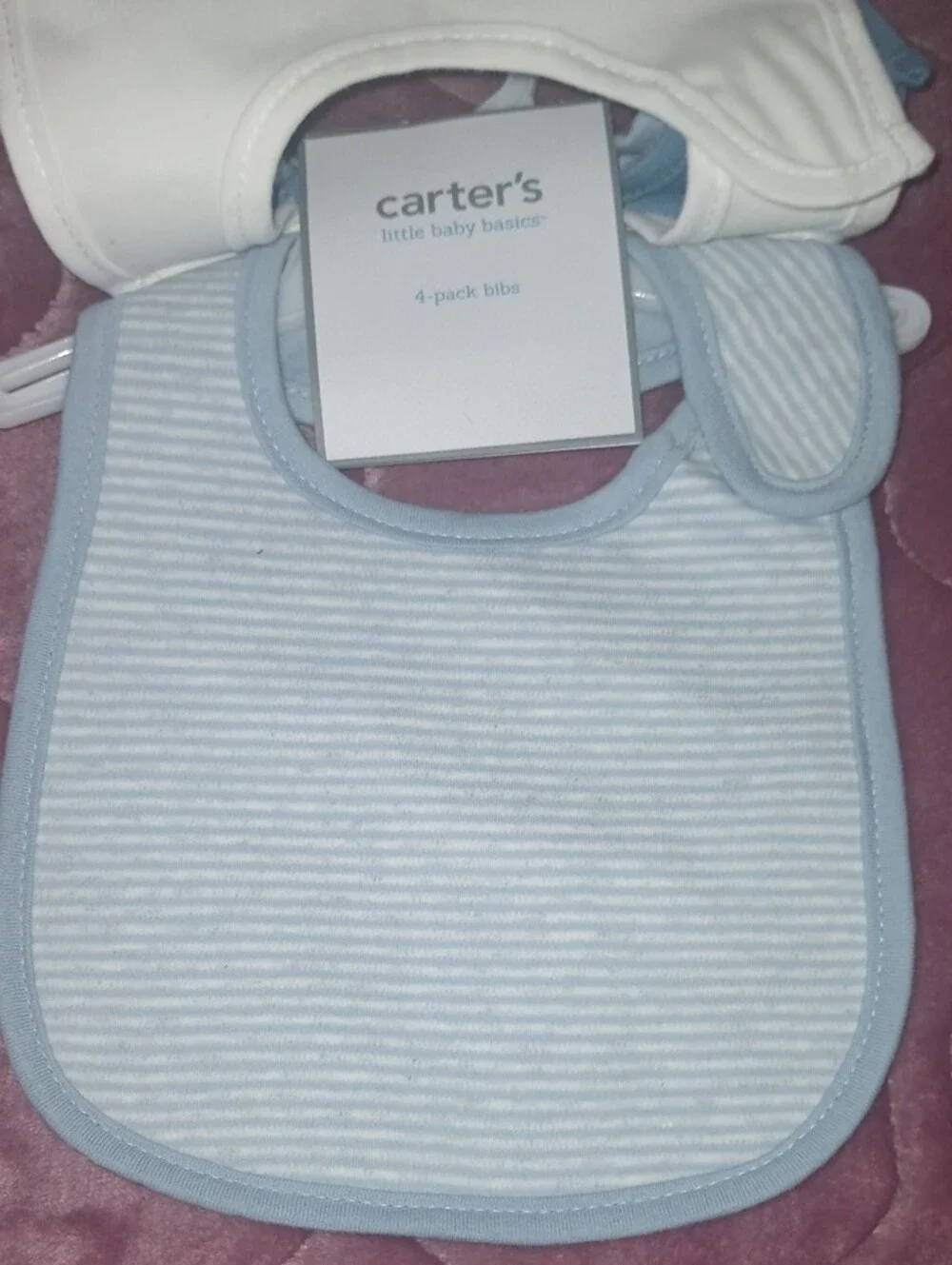 Carter's White Bibs with Light Blue Trim and Hippo/Turtle Design (4-Pack)